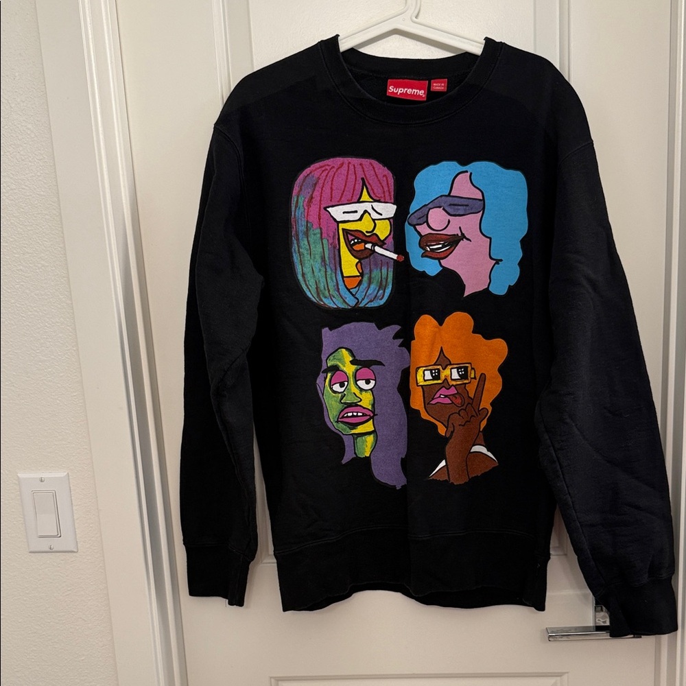 Supreme Black fleece sweatshirt with Colorful Cartoon Graphics